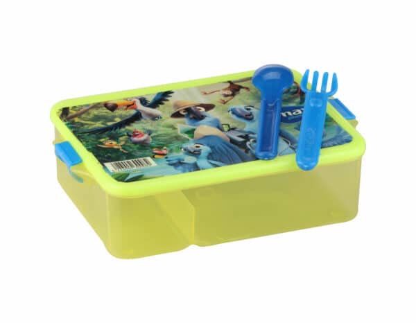 Very practical design divided from inside to use at school. Set of Lunch Box+Fork and spoon. High quality Plastic materials BPA Free. Keeps Food Fresh & conserves its flavors. Dishwasher safe (top rack). Microwave safe (without lid).